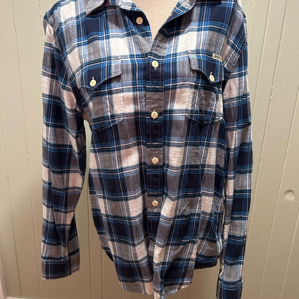 Blue and White Plaid Button-Up Shirt